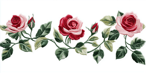  A delicate border of colorful embroidered flowers on a white background creates a beautiful and intricate botanical scene.