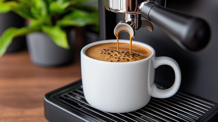 Espresso pouring into white mug, coffee machine, home kitchen
