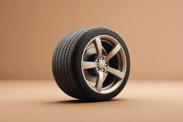 A New Car Tire Resting Against A Light Brown Background