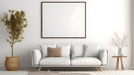 Modern Minimalist Living Room Interior Design with White Sofa Large Blank Canvas and Plants