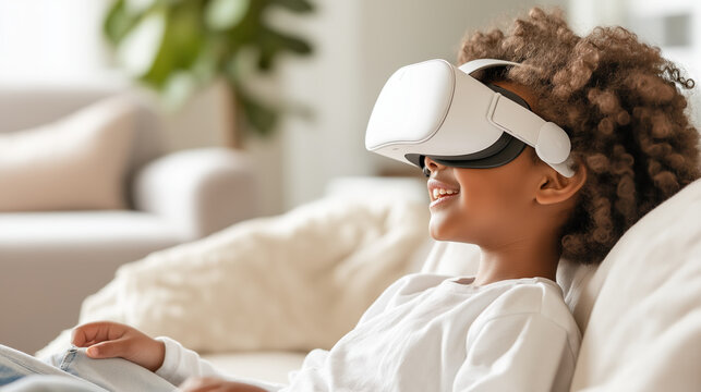 Smiling african american boy using virtual reality headset in cozy living room.