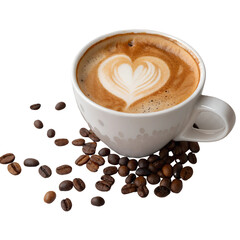 Obraz premium Cup of coffee with heart shape latte with beans Isolated Trasnparent Background, Png Isolated, Trasnparent Background