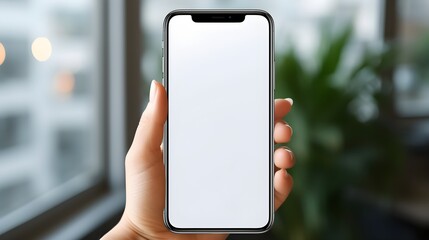 Woman s Hand Holding Smartphone with Blank White Screen Modern Technology Mockup
