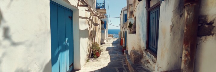 Charming narrow street in a coastal village with blue doors and distant sea views during daylight. Generative AI