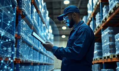 Warehouse worker uses tablet, inventory management, digital overlay, logistics - Powered by Adobe