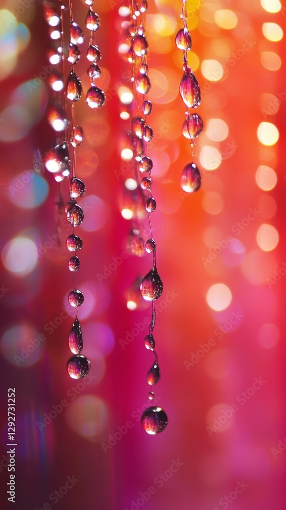Poster Glowing droplets against vibrant bokeh background with warm hues of red and orange. Abstract art and festive decoration concept