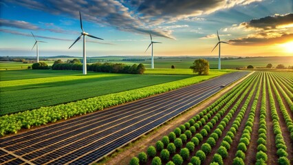 Sustainable Energy Farm A Serene Sunset Over Rows of Solar Panels and Wind Turbines in a Lush Green Agricultural Landscape