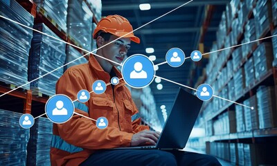 Warehouse worker using laptop, inventory management, network connections, logistics, data analysis - Powered by Adobe