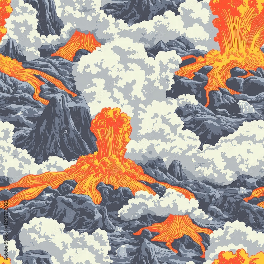 Poster pattern of a volcano showcasing its unique features and geological elements in an abstract design