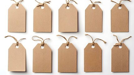 Ten Blank Kraft Paper Gift Tags with Jute Twine Top View Isolated on White Background