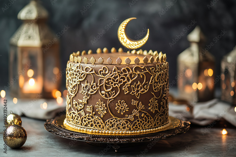 Fototapete a beautifully decorated eid cake with intricate golden patterns, placed on a festive table with lant