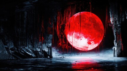 Blood moon rising over cavern, icy landscape. Fantasy art