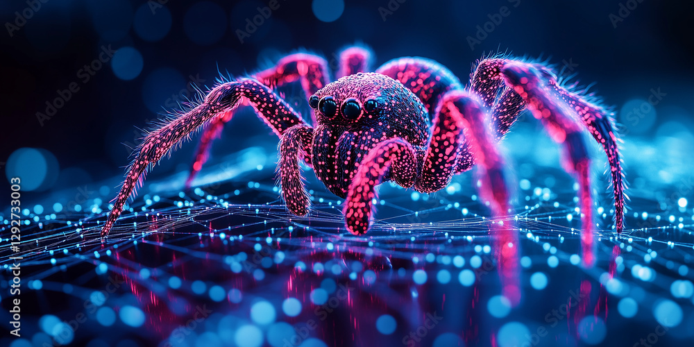 Poster abstract 3d spider with glowing pink and blue highlights, positioned on a network of glowing lines a