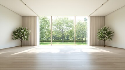 Obraz premium Modern interior with garden view, spacious room, peaceful atmosphere, ideal for interior design inspiration