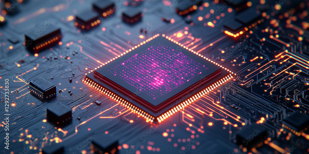 Poster central square chip on a circuit board glows with orange light. detailed circuitry visible on the da