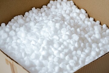 Top view of a cardboard box filled with white foam packaging material