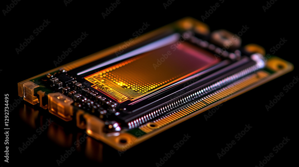 Poster close-up of a microchip displaying iridescent colors against a dark backdrop, ideal for tech blogs o