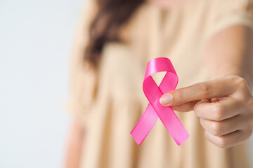 Pink breast cancer awareness ribbon. October Breast cancer awareness month. Healthcare and medicine...