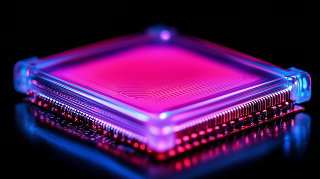 glowing, futuristic computer chip radiating vibrant pink and blue light on a dark background, symbolizing advanced technology and artificial intelligence. Ideal for tech, science,cybersecurity blogs