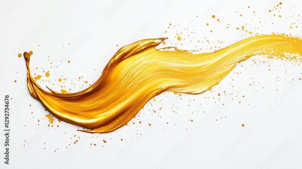 Poster golden paint brush stroke with splatters on a white background, abstract expression. creative art an