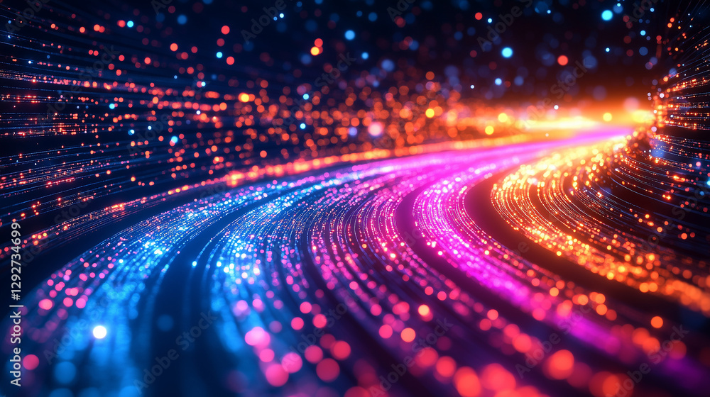 Aufkleber abstract light neon coloured tracks converge, indicating speed and data flow. bokeh effect with blur