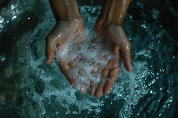 Fototapeta premium Top view of a woman washing hands for COVID 19 protection