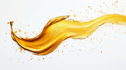 Fototapeta premium Golden paint brush stroke with splatters on a white background, abstract expression. Creative art and design concept