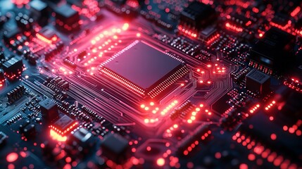 Obraz premium Futuristic cybersecurity & information technology concept – advanced 3d digital network with printed circuit board on blue & red gradient background for integrated connectivity and secure data