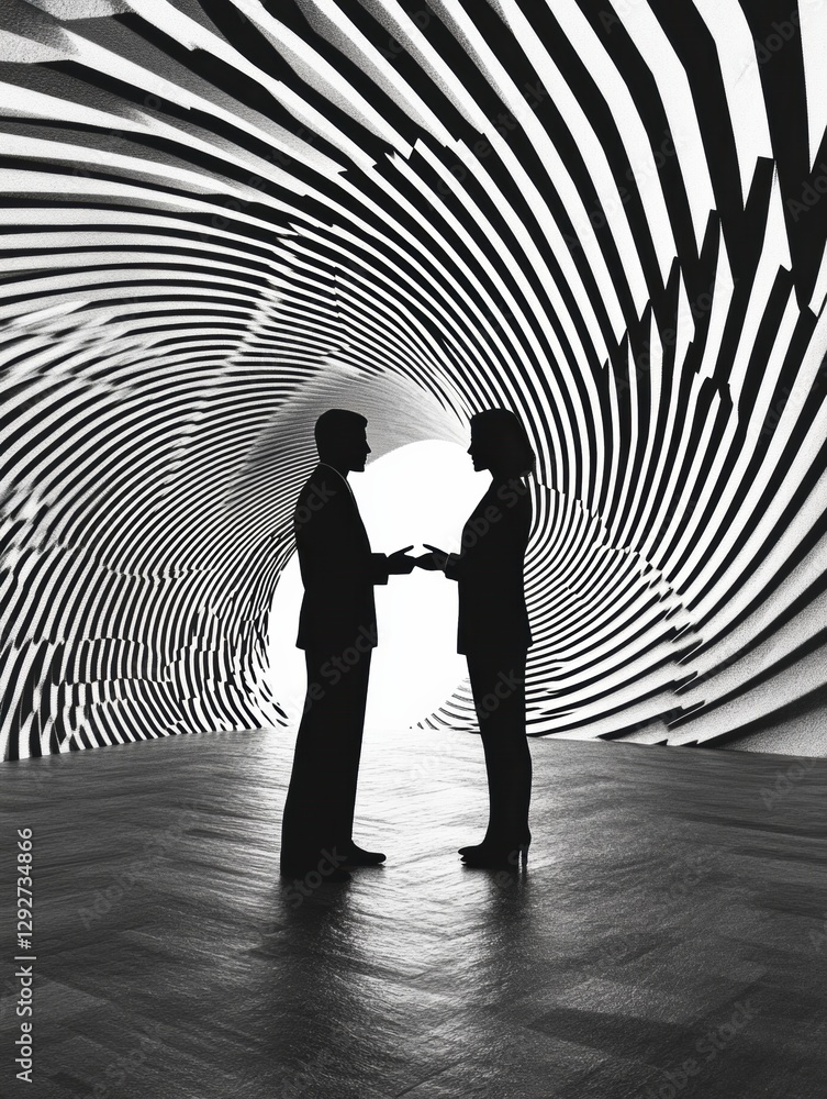Poster Business negotiation between two professionals in a modern, artistic environment with striking patterns and contrasting silhouettes. Generative AI