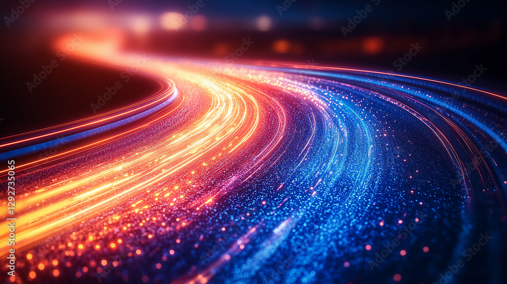 Poster abstract light neon coloured tracks converge, indicating speed and data flow. bokeh effect with blur