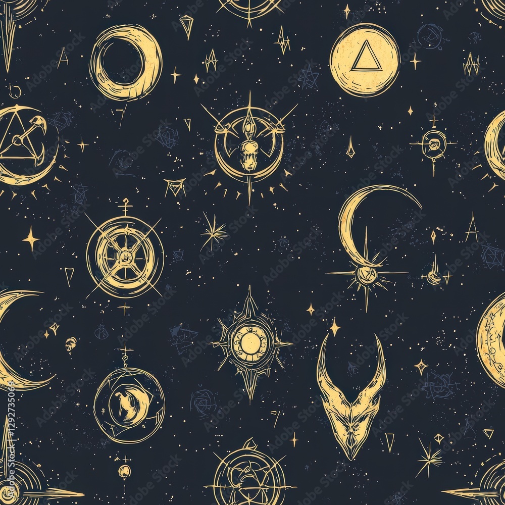 Poster captivating pattern of various celestial symbols creating a mystical and enchanting cosmic design