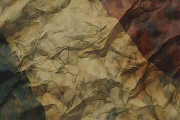 Naklejka premium Abstract textured background featuring crumpled, stained paper in earthy tones; evokes feelings of age, history, and nostalgia. Ideal for design projects needing a vintage or rustic aesthetic.