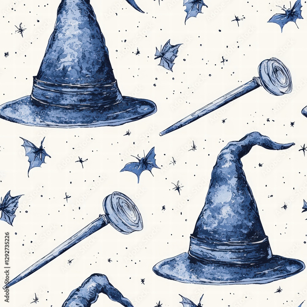 Poster charming pattern featuring wizard hats and wands elegantly arranged in a playful and magical theme
