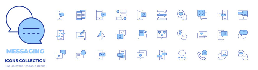 Messaging icons collection. Line Duotone style, editable stroke. chat, write, comment, smartphone, party, paper plane, email, conversation, agreement, notice, image