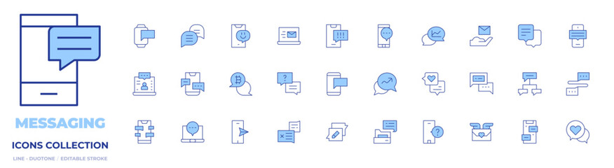 Messaging icons collection. Line Duotone style, editable stroke. smartphone, chating, chat, help, laptop, bitcoin, phone, complain, cyberbullying, chat history