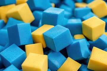 Trampoline park features blue and yellow foam blocks for children s entertainment