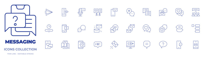 Messaging icons collection. Thin Line icons, editable stroke. chat, chat bubble, online chat, comments, feedback, smartphone, mail, share, send, speech bubble