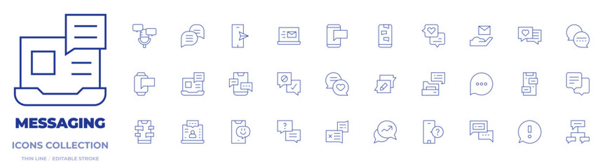 Messaging icons collection. Thin Line icons, editable stroke. chating, chat, smartphone, help, discussion, laptop, phone, chatting, complain, chat history, email