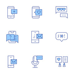 Messaging icons set. Line Duotone style, editable stroke. emergency, support, like, microphone, send, email, insult, discussion, texting
