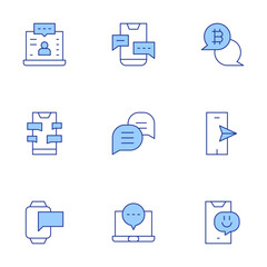 Messaging icons set. Line Duotone style, editable stroke. chating, chat, smartphone, bitcoin, smartwatch, live streaming, laptop
