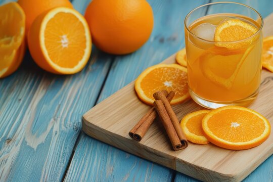 Tray featuring a tasty Old Fashioned cocktail orange wedges and cinnamon on a blue wood surface
