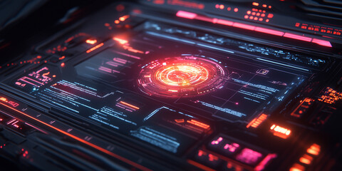 Obraz premium Futuristic digital interface with glowing orange elements and intricate details. Close-up view of a control panel with buttons and displays.