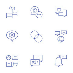 Messaging icons set. Thin Line style, editable stroke. live chat, settings, chat box, chat, love, speech bubbles, megaphone, notification