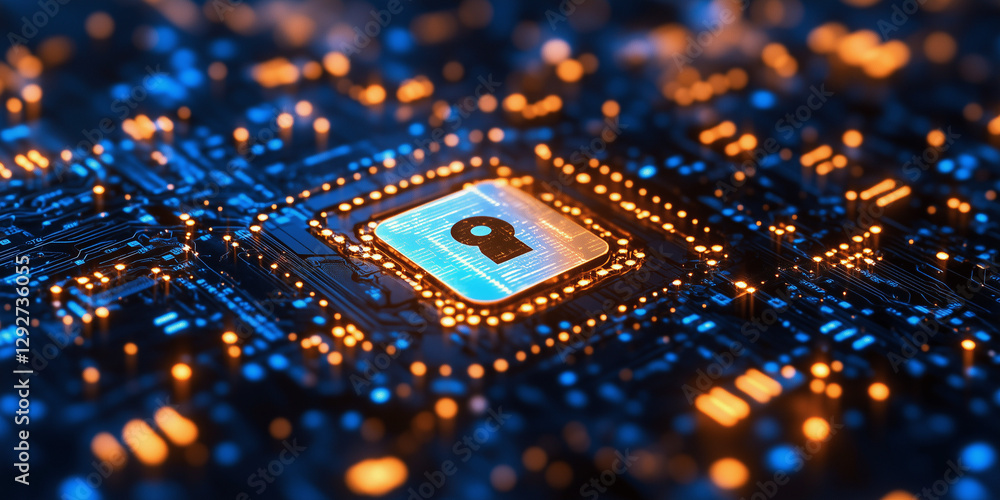 Poster glowing circuit board with a central processor featuring a keyhole symbol, representing cybersecurit