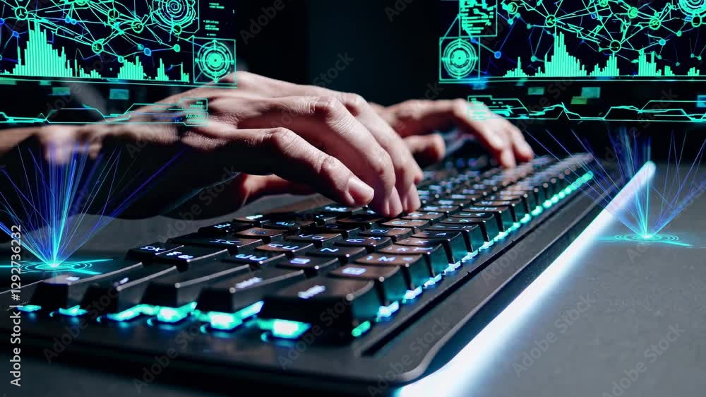 Poster close-up video shot of hands typing on a backlit keyboard with holographic digital graphics, showcas
