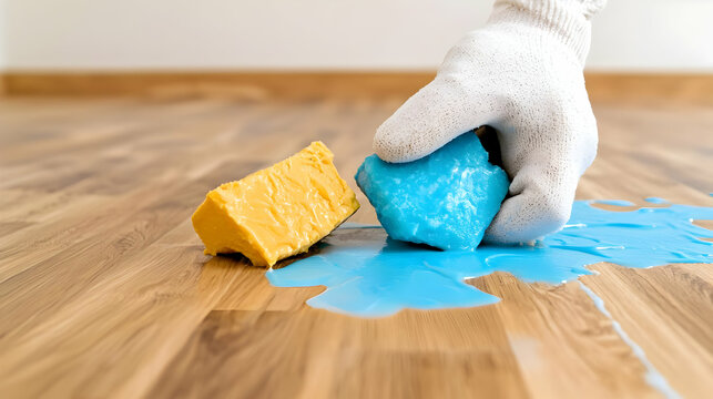 Gloved hand cleaning spilled blue liquid on wood floor