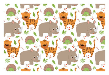 Fototapeta premium Seamless background with animals. Cute vector texture with rhino, tiger and turtle, for baby bedding, fabric, wallpaper, wrapping paper, textile, t-shirt print