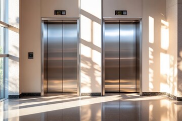 Two elevator entrances in an office building Broad perspective of contemporary elevators Elevators in a modern lobby of a property