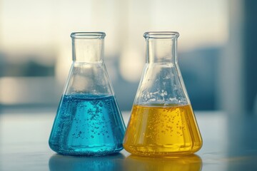 Two glass jars of epoxy flooring supplies Two beakers of turquoise and yellow liquids