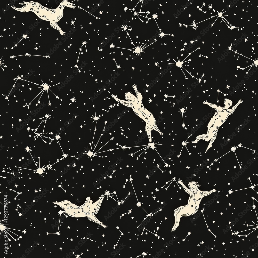 Poster intricate constellation pattern displaying various star groupings against a dark background